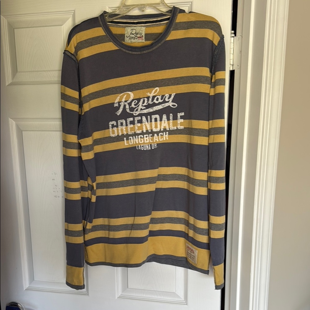 Replay Mustard and Charcoal Striped Tee